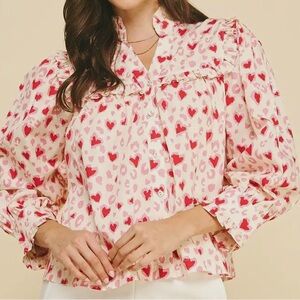 NWT Boutique Leopard Heart Print Cotton Blouse Ruffle Tuckernuck Anthropologie